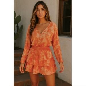 Aerie Mini Dress Pop Over Tie Dye Peach Ruffles Sleeves Bohemian Vibe Small